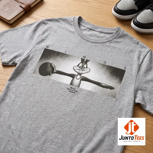 Bugs Bunny Wings Why Hop When You Can Fly Vintage Basketball T-Shirt 6 Vintage Bugs Bunny basketball graphic printed on a black cotton crew neck t-shirt. (Detail view #7)