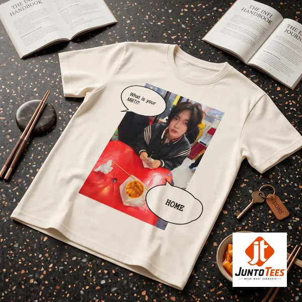 A stylish young man posing in a cafe wearing the RIIZE Wonbin graphic t-shirt.