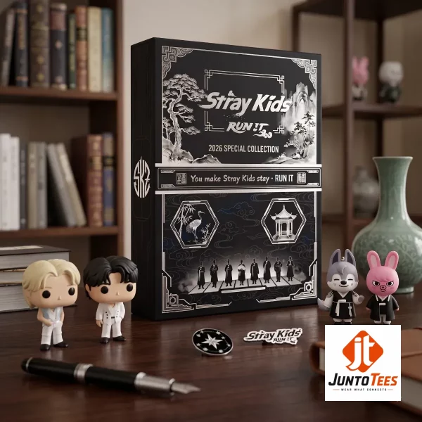 Stray Kids RUN IT 2026 advent calendar box with 24 acrylic ornaments display on a wooden table.