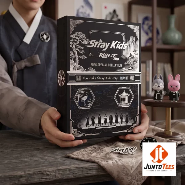 Stray Kids RUN IT 2026 Special Collection Advent Calendar 2026 with 24 Days Acrylic Ornaments Set 2 Stray Kids RUN IT 2026 advent calendar box with 24 acrylic ornaments display on a wooden table. (Detail view #3)