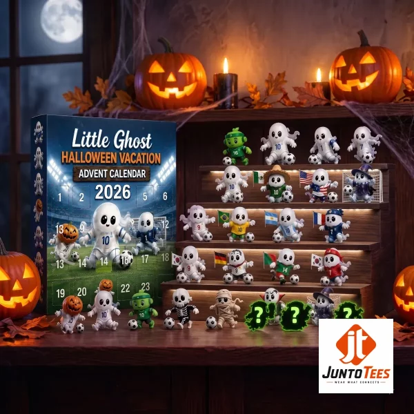 A 24-piece soccer ghost ornament set displayed on a wooden shelf next to a 2026 World Cup calendar box.