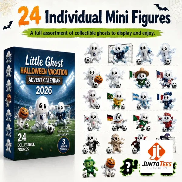 Little Ghost World Cup Halloween Soccer 2026 Advent Calendar 24 Piece Acrylic Ornament Set 1 Detailed view of individual ghost figures wearing various international soccer jerseys standing on a tiered display.