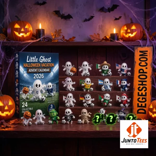 Little Ghost World Cup Halloween Soccer 2026 Advent Calendar 24 Piece Acrylic Ornament Set 2 A 24-piece soccer ghost ornament set displayed on a wooden shelf next to a 2026 World Cup calendar box. (Detail view #3)