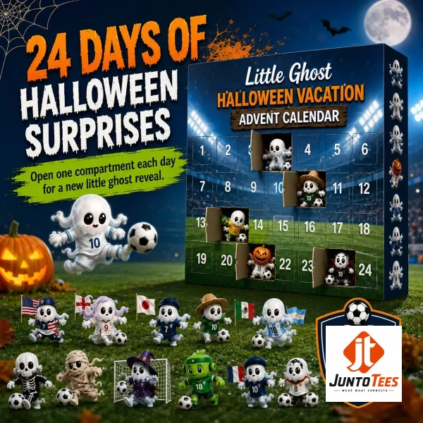 Little Ghost World Cup Halloween Soccer 2026 Advent Calendar 24 Piece Acrylic Ornament Set 3 A 24-piece soccer ghost ornament set displayed on a wooden shelf next to a 2026 World Cup calendar box. (Detail view #4)