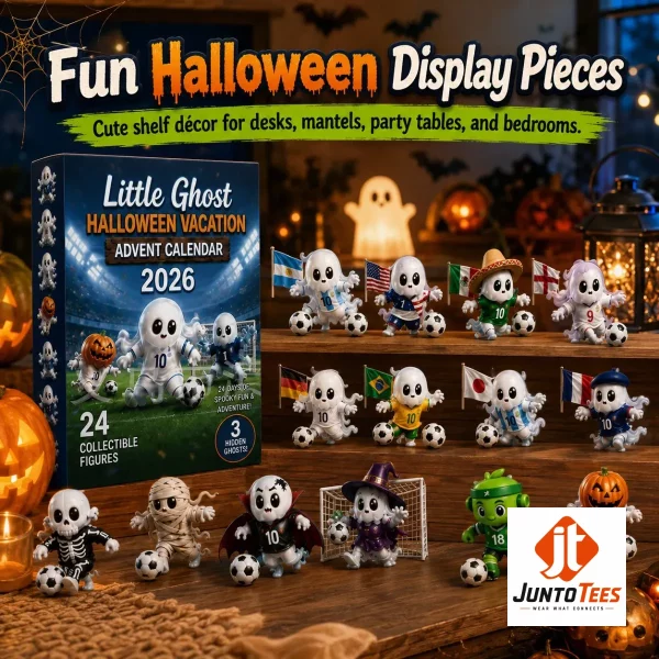 Little Ghost World Cup Halloween Soccer 2026 Advent Calendar 24 Piece Acrylic Ornament Set 4 A 24-piece soccer ghost ornament set displayed on a wooden shelf next to a 2026 World Cup calendar box. (Detail view #5)