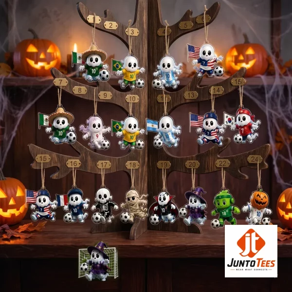 Little Ghost World Cup Halloween Soccer 2026 Advent Calendar 24 Piece Acrylic Ornament Set 5 A 24-piece soccer ghost ornament set displayed on a wooden shelf next to a 2026 World Cup calendar box. (Detail view #6)