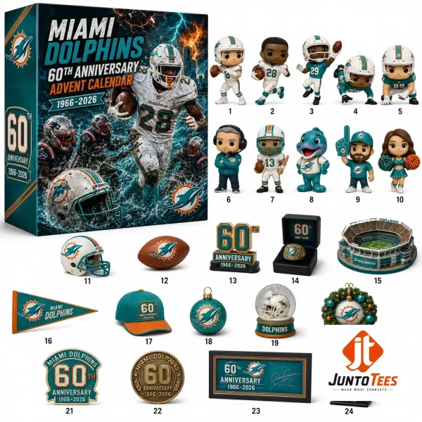 A comprehensive Miami Dolphins 60th anniversary commemorative collection with 24 individual sports-themed pieces.