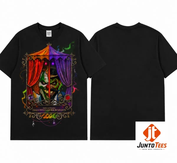 Front and back view of a black crew neck t-shirt featuring a neon horror graphic.