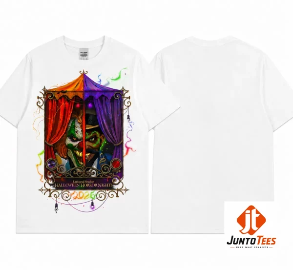 Halloween Horror Nights 2026 Jack the Clown and Dr. Oddfellow T-Shirt 1 Detailed look of high-quality Halloween Horror Nights 2026 Jack the Clown and Dr. Oddfellow T-Shirt in Graphic Shirts