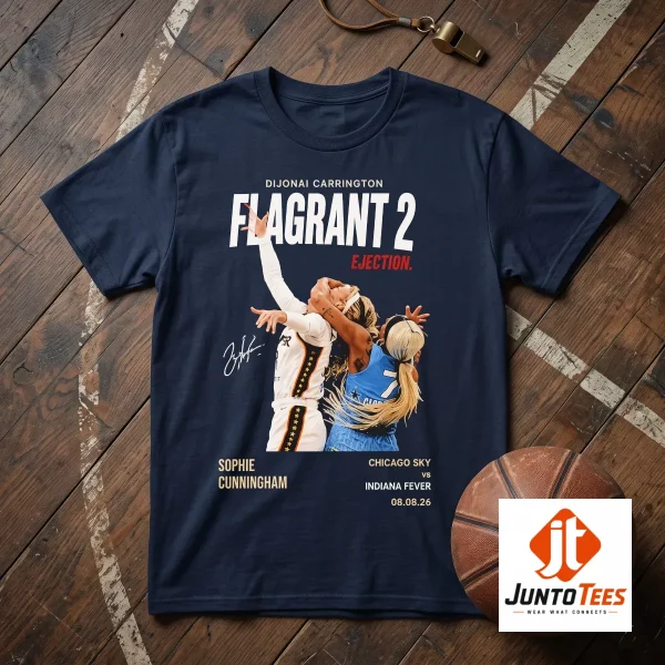 Dijonai Carrington Sophie Cunningham Flagrant 2 Ejection Vintage WNBA Graphic Tee 1 Close up of the vintage athletic graphic on charcoal fabric.