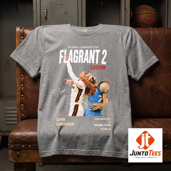 Dijonai Carrington Sophie Cunningham Flagrant 2 Ejection Vintage WNBA Graphic Tee 2 Charcoal grey t-shirt with a vintage WNBA court action graphic. (Detail view #3)