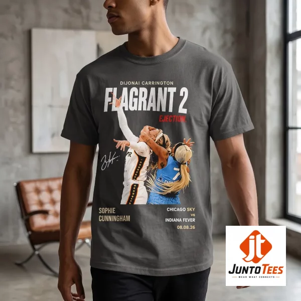 Dijonai Carrington Sophie Cunningham Flagrant 2 Ejection Vintage WNBA Graphic Tee 4 Charcoal grey t-shirt with a vintage WNBA court action graphic. (Detail view #5)