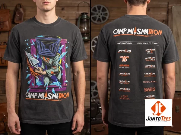 Front view of a vintage-style horror shirt showing a pyramid-headed character and shattered glass graphic.