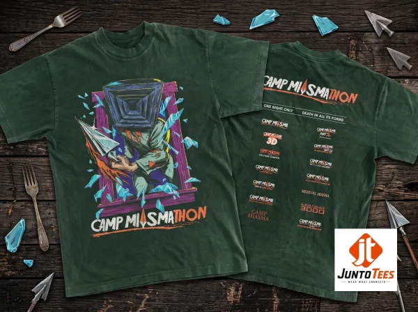 Camp Miasmathon Horror Graphic T-Shirt A24 Slasher Film Merch 1 Back view of the Camp Miasmathon t-shirt listing fictional sequels in retro movie font.