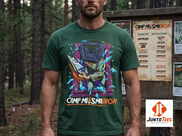 Camp Miasmathon Horror Graphic T-Shirt A24 Slasher Film Merch 3 Front view of a vintage-style horror shirt showing a pyramid-headed character and shattered glass graphic. (Detail view #4)