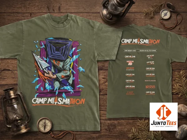Camp Miasmathon Horror Graphic T-Shirt A24 Slasher Film Merch 4 Front view of a vintage-style horror shirt showing a pyramid-headed character and shattered glass graphic. (Detail view #5)