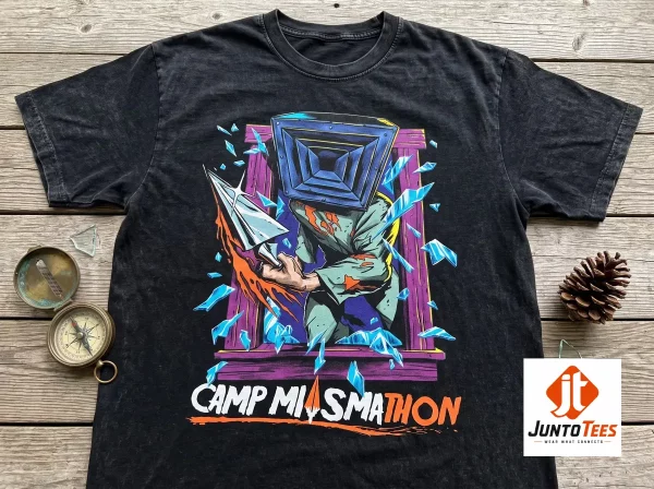 Camp Miasmathon Horror Graphic T-Shirt A24 Slasher Film Merch 5 Front view of a vintage-style horror shirt showing a pyramid-headed character and shattered glass graphic. (Detail view #6)