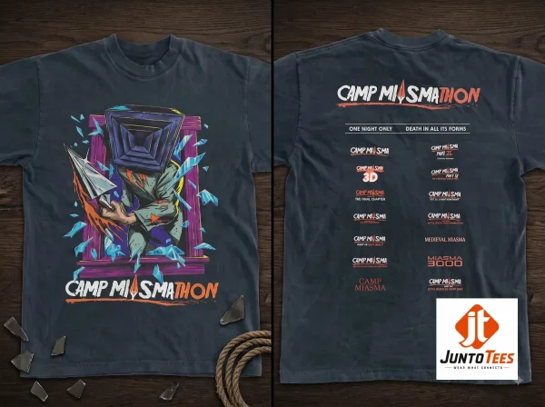 Camp Miasmathon Horror Graphic T-Shirt A24 Slasher Film Merch 6 Front view of a vintage-style horror shirt showing a pyramid-headed character and shattered glass graphic. (Detail view #7)