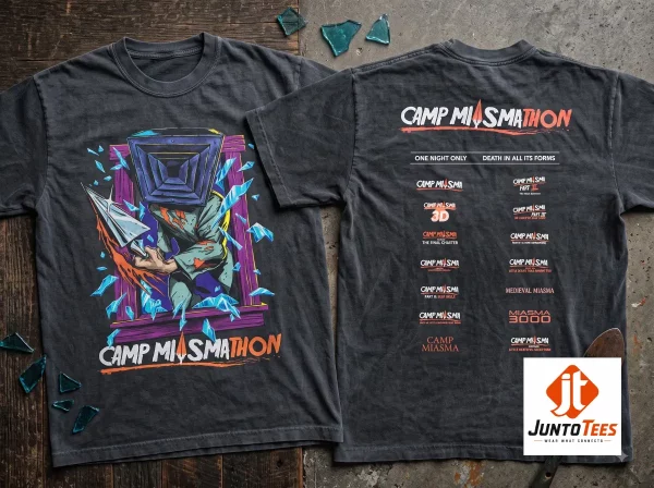 Camp Miasmathon Horror Graphic T-Shirt A24 Slasher Film Merch 7 Front view of a vintage-style horror shirt showing a pyramid-headed character and shattered glass graphic. (Detail view #8)