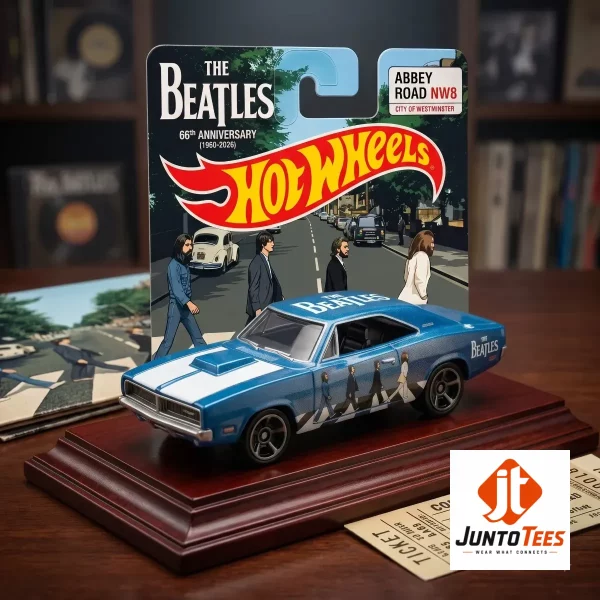 The Beatles Abbey Road 66th Anniversary Hot Wheels Dodge Charger Car Toy 1 Close up of the blue Dodge Charger showing the silhouette of The Beatles on the side panel