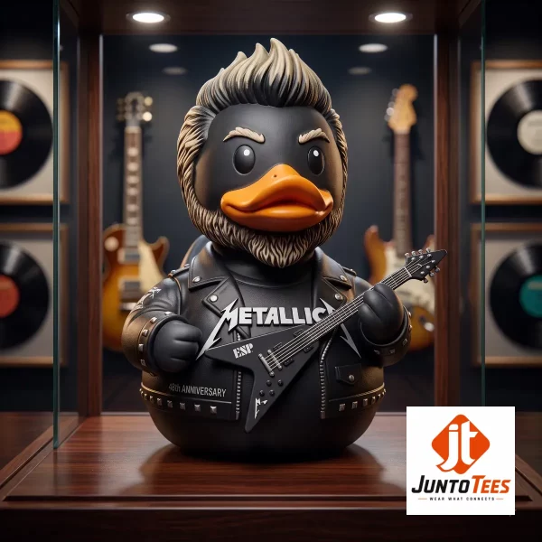 Metallica inspired rock star duck figurine with ESP guitar inside a display case.