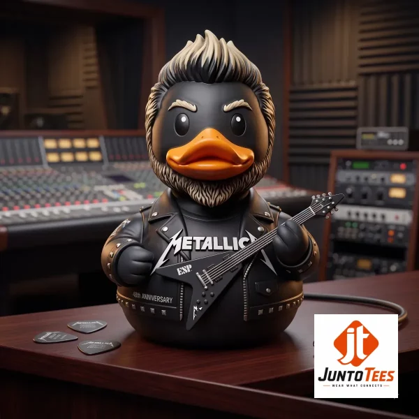 Metallica Rock Star 1981-2026 45th Anniversary Resin Duck Figurine with ESP Guitar 1 Metallica inspired rock star duck figurine with ESP guitar inside a display case. (Detail view #2)