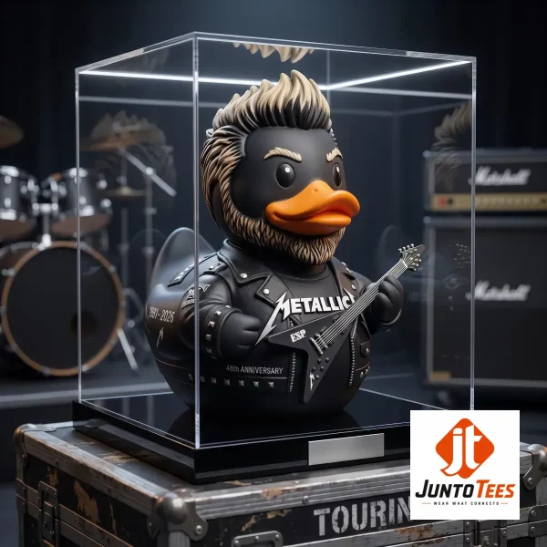 Metallica Rock Star 1981-2026 45th Anniversary Resin Duck Figurine with ESP Guitar 2 Metallica inspired rock star duck figurine with ESP guitar inside a display case. (Detail view #3)