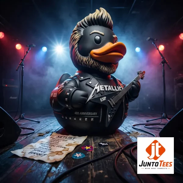 Metallica Rock Star 1981-2026 45th Anniversary Resin Duck Figurine with ESP Guitar 3 Metallica inspired rock star duck figurine with ESP guitar inside a display case. (Detail view #4)