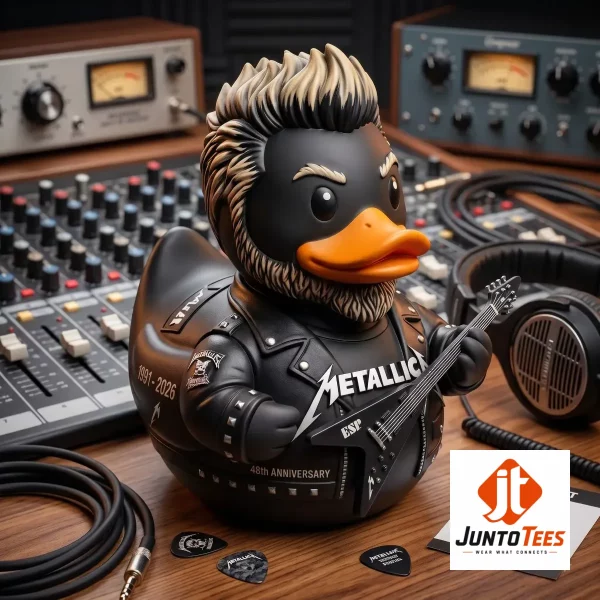Metallica Rock Star 1981-2026 45th Anniversary Resin Duck Figurine with ESP Guitar 4 Metallica inspired rock star duck figurine with ESP guitar inside a display case. (Detail view #5)