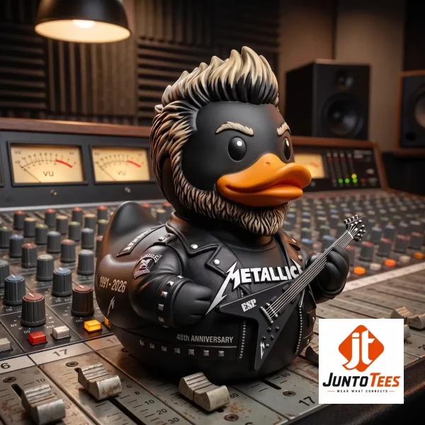 Metallica Rock Star 1981-2026 45th Anniversary Resin Duck Figurine with ESP Guitar 5 Metallica inspired rock star duck figurine with ESP guitar inside a display case. (Detail view #6)