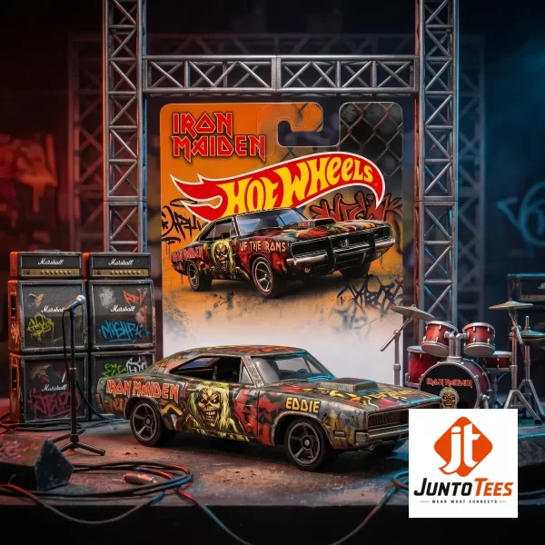 Detailed Iron Maiden muscle car diecast model on a rock stage background