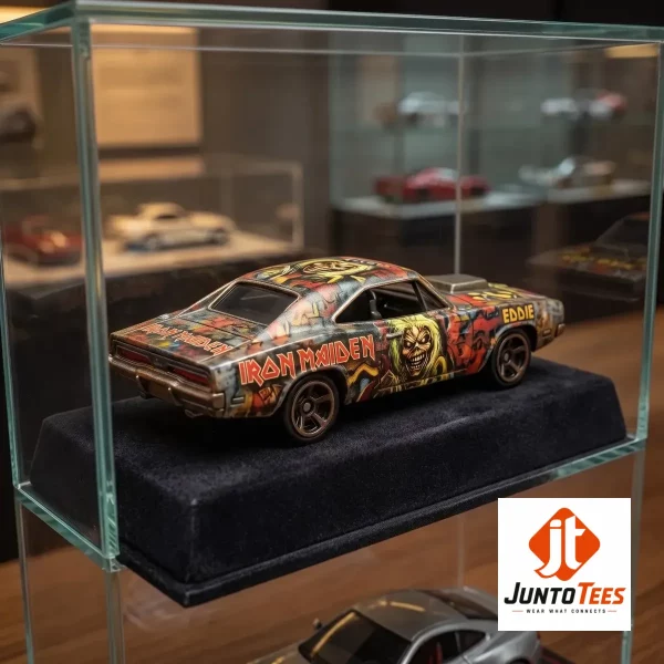 Hot Wheels Iron Maiden 51st Anniversary Eddie ’70s Graffiti Muscle Car Diecast Model Toy 1 Hot Wheels Iron Maiden collector packaging sitting on a concert stage