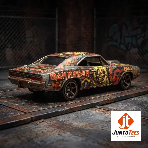 Hot Wheels Iron Maiden 51st Anniversary Eddie ’70s Graffiti Muscle Car Diecast Model Toy 2 Detailed Iron Maiden muscle car diecast model on a rock stage background (Detail view #3)