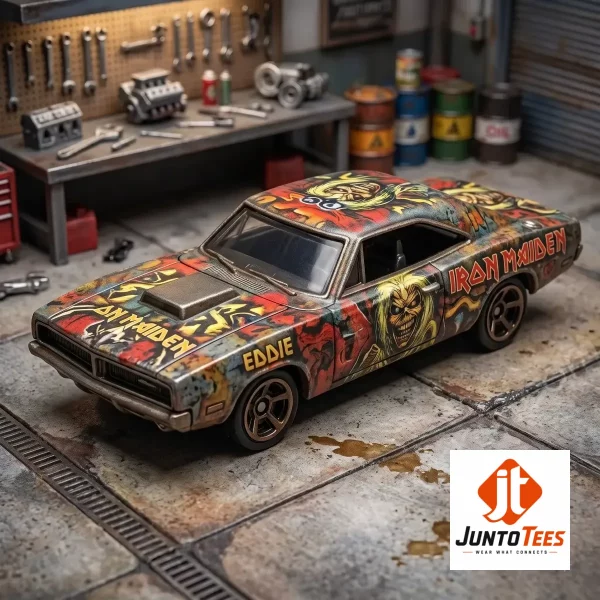 Hot Wheels Iron Maiden 51st Anniversary Eddie ’70s Graffiti Muscle Car Diecast Model Toy 4 Detailed Iron Maiden muscle car diecast model on a rock stage background (Detail view #5)