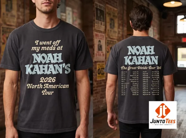 Authentic I Went Off My Meds At Noah Kahan’s 2026 North American Tour Shirt The Great Divide Tour 2026 Vintage Graphic Concert TShirt product image at juntotees.com