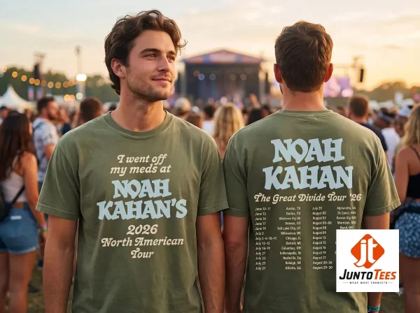 Close-up highlight of I Went Off My Meds At Noah Kahan’s 2026 North American Tour Shirt The Great Divide Tour 2026 Vintage Graphic Concert TShirt styled with