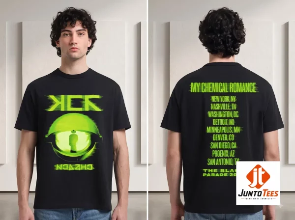 Front view of a black t-shirt featuring a glowing neon green eye design with digital glitch aesthetics.