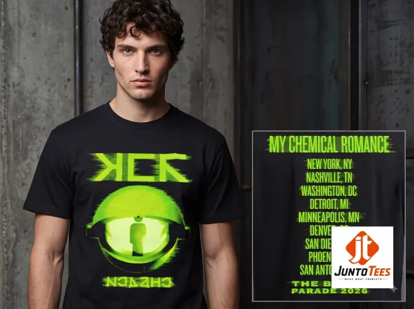 Back view of the black t-shirt displaying a list of 2026 tour cities in neon green text.