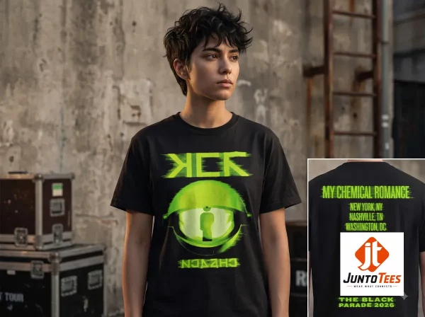 Front view of a black t-shirt featuring a glowing neon green eye design with digital glitch aesthetics. (Detail view #3)