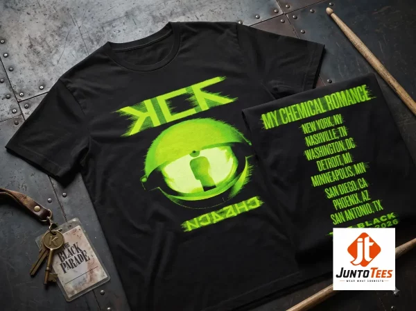 Front view of a black t-shirt featuring a glowing neon green eye design with digital glitch aesthetics. (Detail view #4)