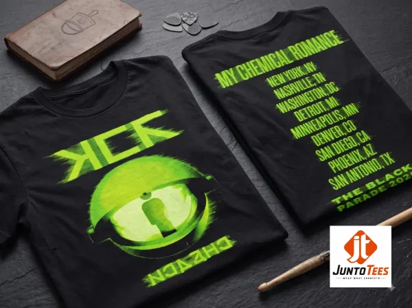 Front view of a black t-shirt featuring a glowing neon green eye design with digital glitch aesthetics. (Detail view #5)