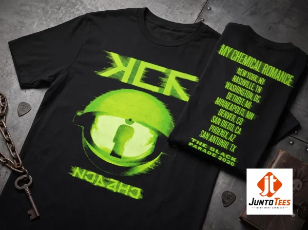 Front view of a black t-shirt featuring a glowing neon green eye design with digital glitch aesthetics. (Detail view #6)
