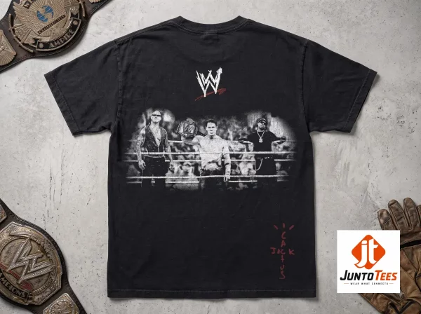 Rey Mysterio Travis Scott WWE Wrestling Is Real T-Shirt 3 A close-up view of a black graphic t-shirt displaying white vintage-inspired Wrestling Is Real text. (Detail view #4)