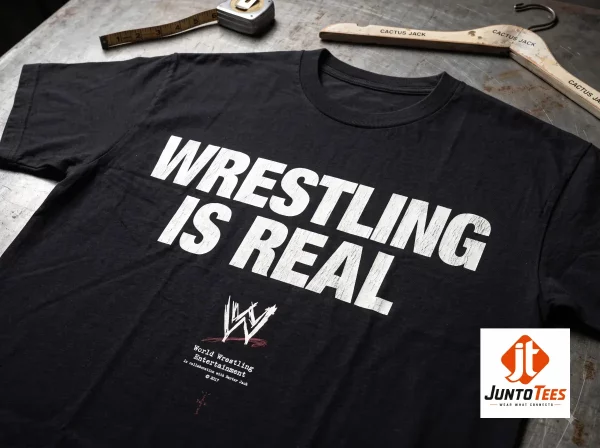 Rey Mysterio Travis Scott WWE Wrestling Is Real T-Shirt 4 A close-up view of a black graphic t-shirt displaying white vintage-inspired Wrestling Is Real text. (Detail view #5)
