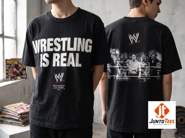 Rey Mysterio Travis Scott WWE Wrestling Is Real T-Shirt 6 A close-up view of a black graphic t-shirt displaying white vintage-inspired Wrestling Is Real text. (Detail view #7)