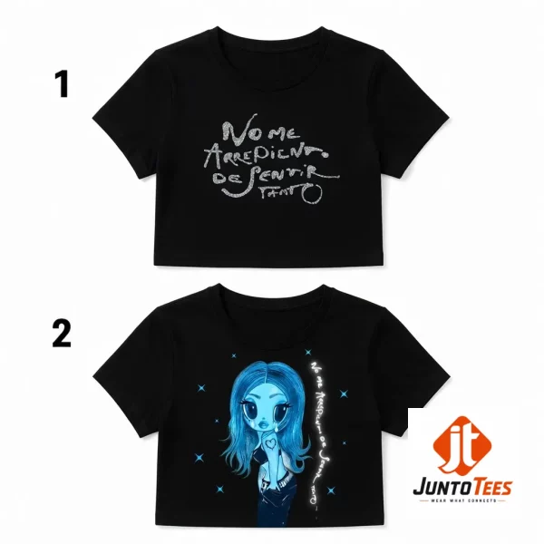 Detailed look of high-quality Karol G No Me Arrepiento de Sentir Tanto Women Baby Tee in Baby Tees