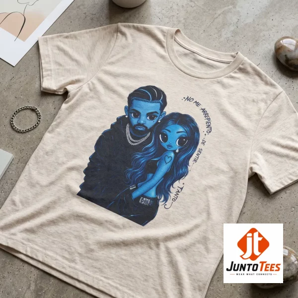 Karol G and Drake graphic illustration printed on a beige cotton t-shirt.