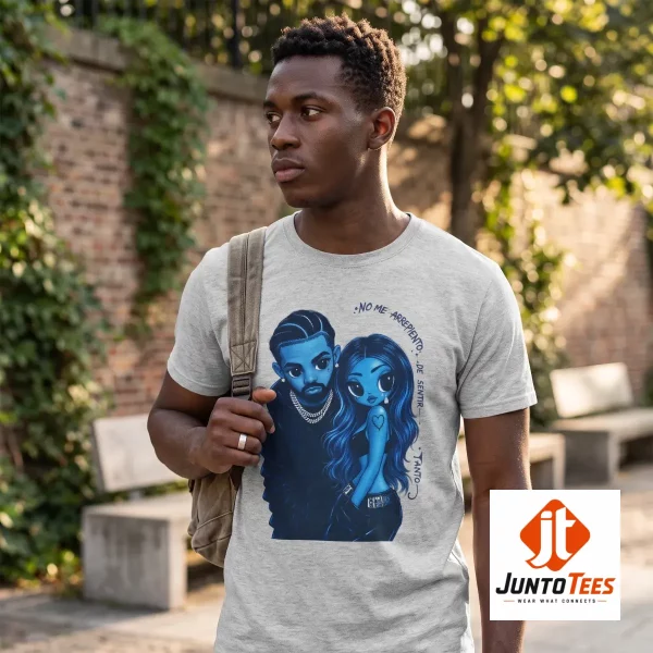 Karol G and Drake graphic illustration printed on a beige cotton t-shirt. (Detail view #2)