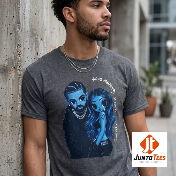 Karol G and Drake graphic illustration printed on a beige cotton t-shirt. (Detail view #4)