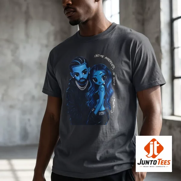 Karol G and Drake graphic illustration printed on a beige cotton t-shirt. (Detail view #5)